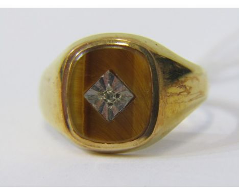 9ct YELLOW GOLD TIGER'S EYE &amp; DIAMOND SIGNET RING, size S/T 