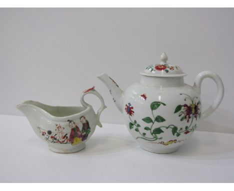 18th CENTURY WORCESTER, globular tea pot enamelled with botanical study, 15cm height; also 18th Century English porcelain chi