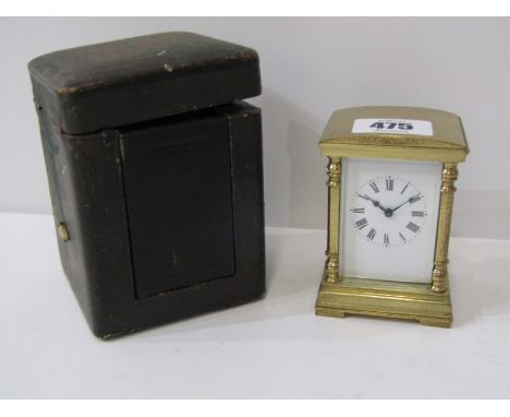 MINIATURE BRASS CASE DOMED TOP CARRIAGE CLOCK in travel case, 8cm height 
