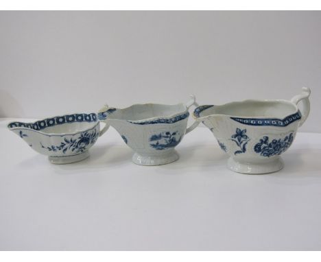 18th CENTURY WORCESTER, 3 various 18th Century sauce boats, 2 with moulded bodies and underglazed blue decoration (several de