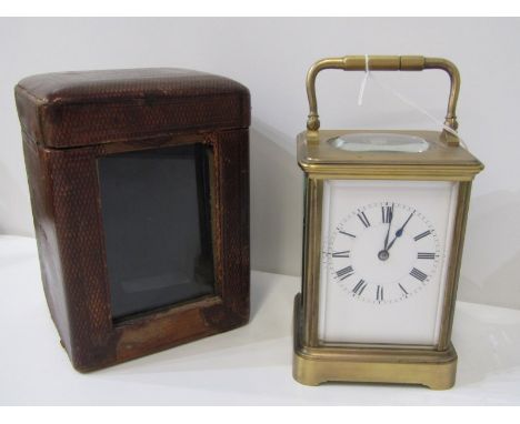 JACOT BRASS CASED CARRIAGE CLOCK with plain enamel face and bevelled glass windows, 14cm height, with antique travel case 