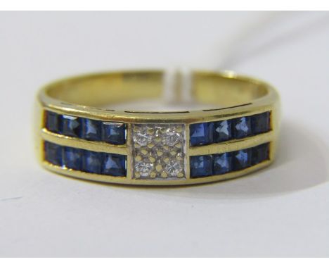 18ct YELLOW GOLD SAPPHIRE &amp; DIAMOND ETERNITY STYLE RING, 4 brilliant cut diamonds to the centre with 4 rows of princess c