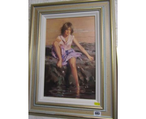 NICOLAS ST JOHN ROSSE, signed painting on board, 'Portrait of a Young Lady sitting on edge of rock pool'. 39cm x 24cm 