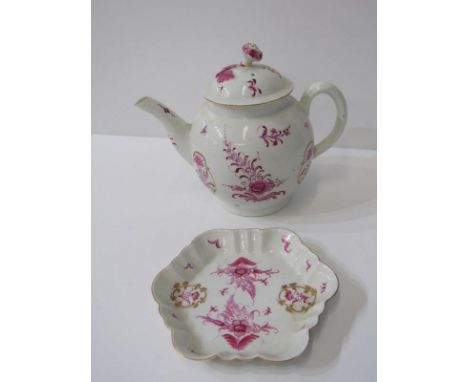 18th CENTURY WORCESTER, globular tea pot and lid, painted in puce and gilt floral and insect design, 16cm height, together wi
