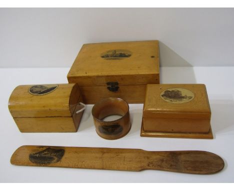 MAUCHLINE, collection of 5 pieces to include page turner for Beachy Head, Shanklin serviette ring and 3 boxes 