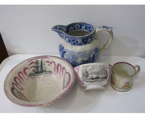 SUNDERLAND LUSTRE, nautical design 28cm diameter wash basin, also "The Sailor's Tear" waste bowl and pink lustre pearlware mu