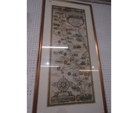 MOTORING, colour framed advert print "Pratt's Map of The Great North Road" 83cm x 30cm 