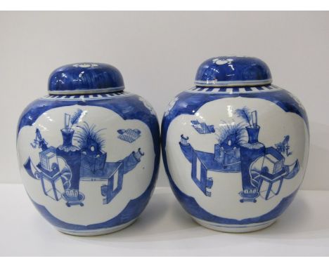 ORIENTAL CERAMICS, pair of lidded underglaze blue ginger jars, decorated with reserves of palace furnishings and hawthorn blo
