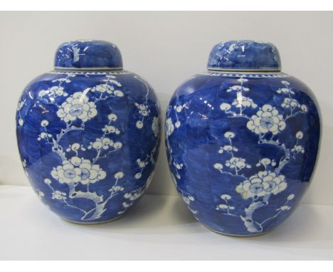 ORIENTAL CERAMICS, pair of large lidded ginger jars decorated with hawthorn blossom and double blue ring base mark, 30cm heig