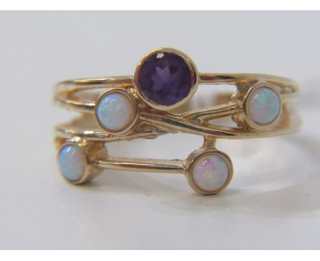 9ct YELLOW GOLD OPAL &amp; AMETHYST "Bubbles" STYLE ETERNITY RING, size O 