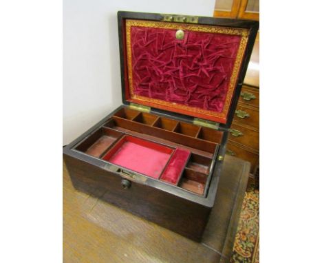 19TH CENTURY WORK BOX, rosewood veneered work box with mother of pearl inlay to top and fitted interior, also a brass mounted
