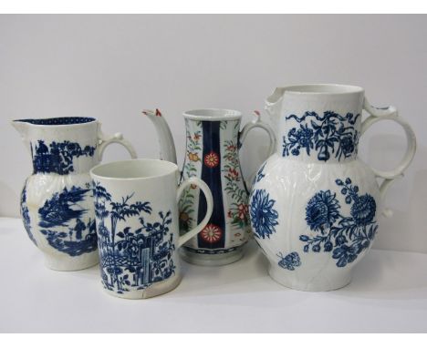 18th CENTURY WORCESTER, cabbage leaf jug, Kakiemon design coffee pot, cylindrical "Fenced Garden" pattern tankard, together w