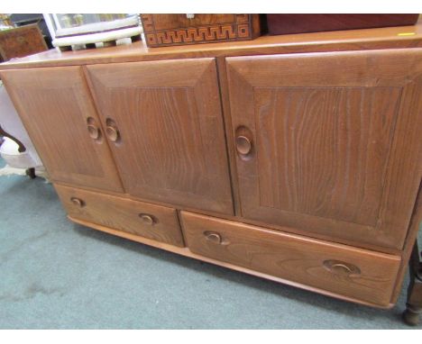 ERCOL, Blonde elm triple cupboard sideboard with pair of frieze drawers, 129cm width 