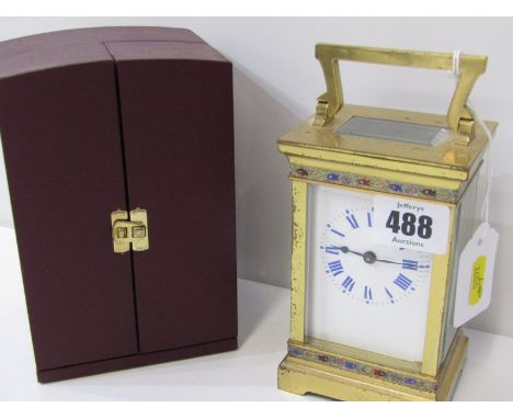 FRENCH CHAMPLEVE CASED CARRIAGE CLOCK, blue enamelled clock face, together with travel case, 13cm height 