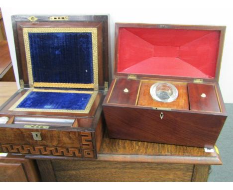 VICTORIAN PARQUETRY BURR WALNUT WRITING BOX, 30cm width; also early 19th Century mahogany triple section tea caddy 