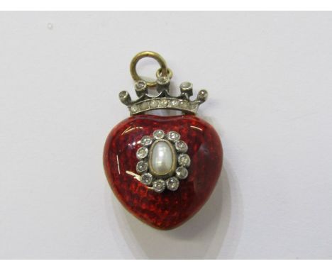 VINTAGE STYLE ENAMEL YELLOW METAL, tests 9ct gold diamond and seed pearl pendant in the form of a heart with a crown, unusual
