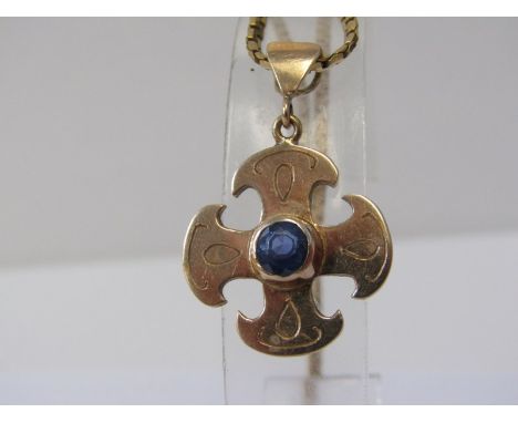 UNUSUAL CELTIC CROSS STYLE PENDANT SET WITH BRILLIANT CUT BLUE SAPPHIRE, measuring in excess of 0.50 carat, chain measuring a