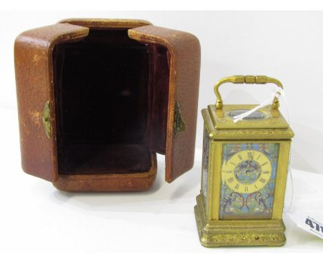 CHAMPLEVE MINIATURE BRASS CASE CARRIAGE CLOCK with engraved brass casing and travel case, 8cm height 