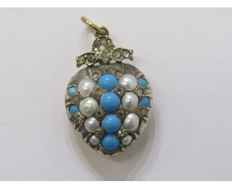 VINTAGE STYLE YELLOW METAL, tests 9ct gold, turquoise, seed pearl and diamond heart &amp; ribbon shape pendant 