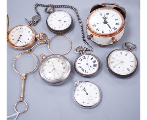 A small collection of six assorted pocket watches, including a silver open face, gun metal on a silver albert and gold plated