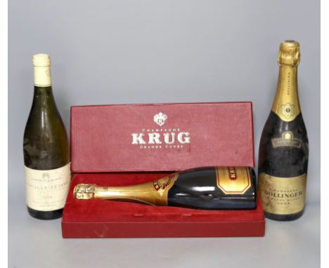 One bottle of Bollinger vintage champagne, 1989, one boxed bottle of Krug (NV) and a bottle of 2004 Pouilly Fuisse**CONDITION