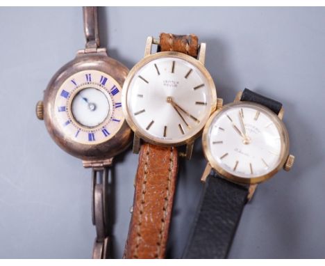 Three assorted lady's 9ct gold manual wind wrist watches, including a Vertex Revue and Rotary on leather straps and half hunt