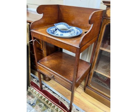 A Regency mahogany two tier washstand, together with a Staffordshire blue and white jug and basin, width 50cm depth 38cm heig