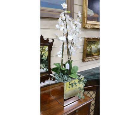 A display of tall white silk orchids in mirrored planter, approx 82cm**CONDITION REPORT**PLEASE NOTE:- Prospective buyers are