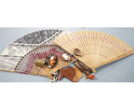 A Japanese hardwood cicada netsuke, two hardstone pieces and sundries**CONDITION REPORT**PLEASE NOTE:- Prospective buyers are