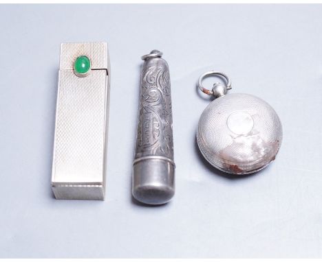 A late Victorian engine turned silver sovereign case(a.f.) Chester, 1886, a white metal and cabochon set lipstick holder and 