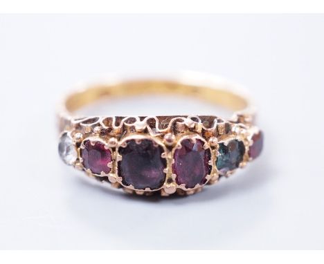 A late Victorian 15ct gold and graduated gem set 'Regard' ring, size K, gross 2 grams, hallmarked for Birmingham, 1899.**COND
