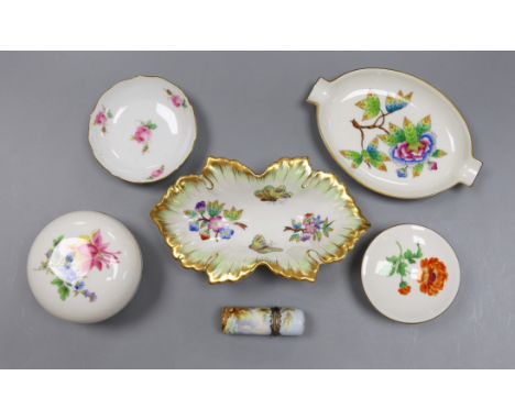Two Meissen boxes with covers and a dish, two Herend dishes and an enamel on copper scent bottle**CONDITION REPORT**PLEASE NO