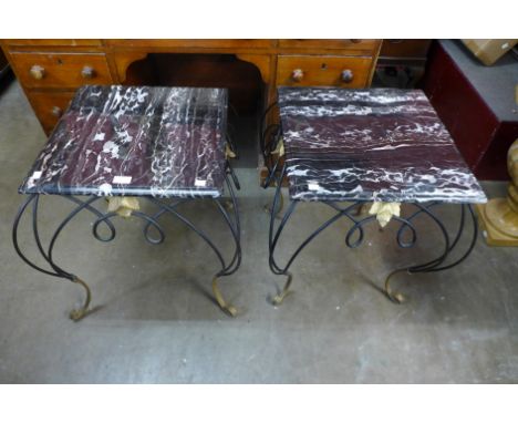A pair of Italian wrought iron, gilt metal and marble topped lamp tables 