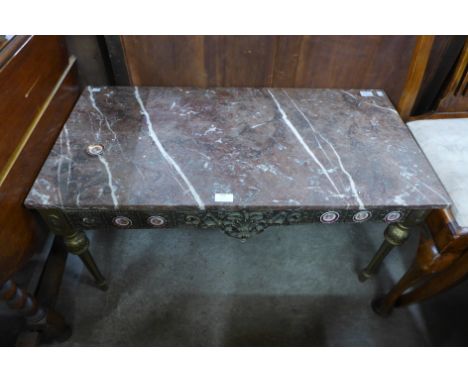 A French style gilt wood and marble topped coffee table and a brass and onyx standard lamp 