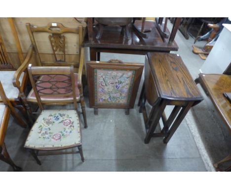 An oak gateleg table, firescreen, Victorian mahogany open armchair and another 