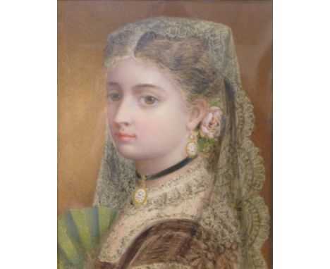 Spanish School (19th Century), portrait of a noble lady, watercolour, indistinctly signed bottom left, 25 x 20cms, framed 