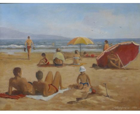 * Hodgkinson, figures sunbathing and playing on a beach , oil on board, 51 x 66cms, framed 