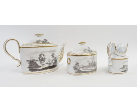 An early 19th century Spode bat printed teapot and navette shaped sucrier and cover, the teapot labelled Trevor Kentish Colle