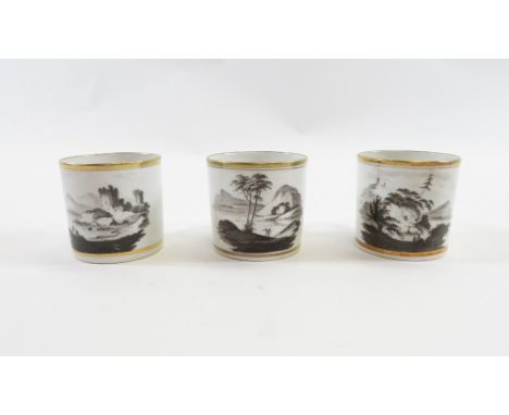 Three early 19th century Spode bat printed coffee cans, each with scenic decoration