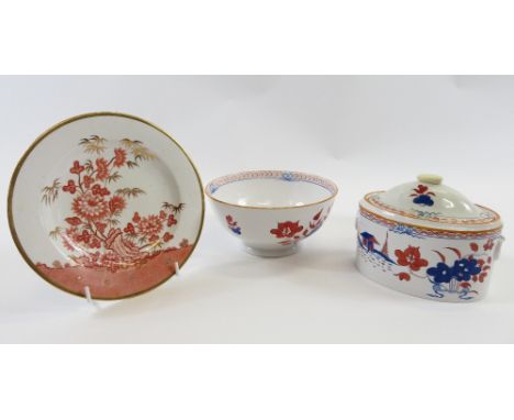 An early 19th century Spode sucrier and cover of oval form painted in Imari palette, a matching bowl and a small plate printe