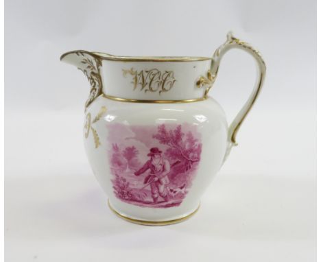 An early 19th century Spode jug of bulbous form with puce printed panels of gentlemen shooting, fishing and with gilt painted