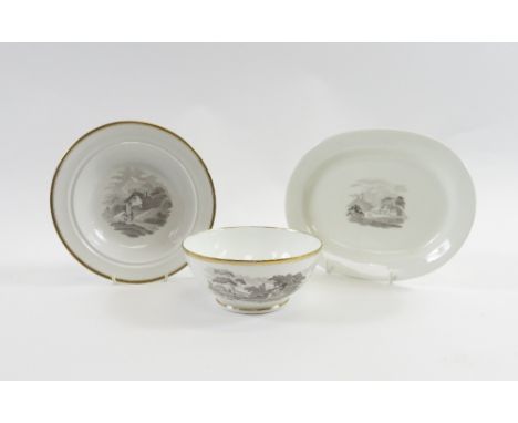 An early 19th century Spode bat printed slops bowl, oval dish and bowl