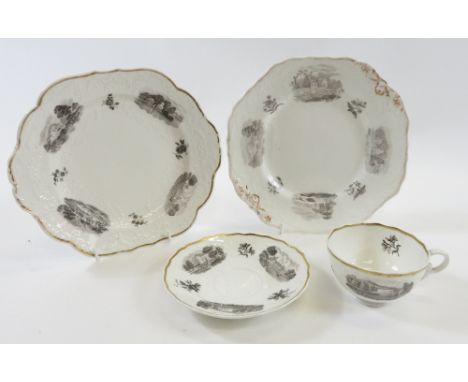 Two early 19th century Spode plates with moulded detail and monochrome decoration together with a similar teacup &amp; saucer