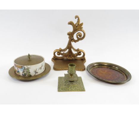 A late 19th century circular jar and cover decorated with three seated boys, with a brass lid, along with a wooden wall brack