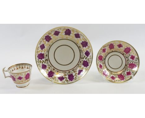 A Spode Felspar porcelain dish with painted purple palmette and gilt decoration, together with a similar cup and saucer