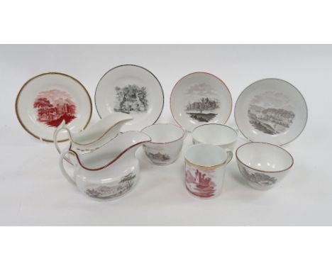 A quantity of early 19th century unmarked Spode bat printed items including saucer with Conway Castle, some with red printed 