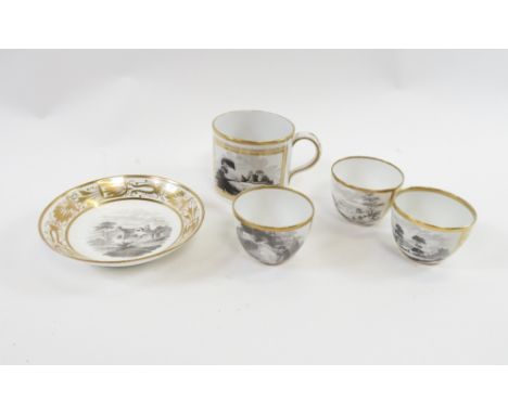 An early 19th century Spode mug with bat printed landscape decoration together with three cups and a saucer with bat printed 