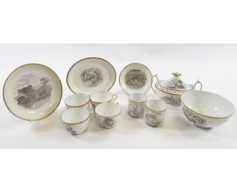 A quantity of early 19th century Spode bat printed teaware with dead game or animal decoration including coffee cans, navette