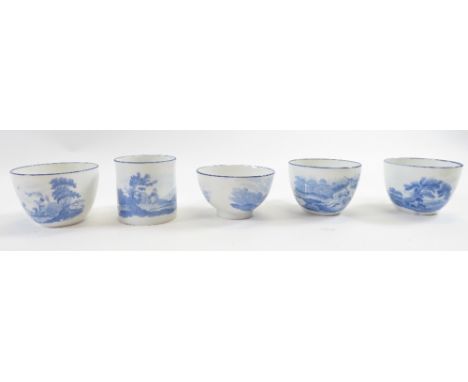 Early 19th century Spode teacups, saucers, coffee can, plate and small bowl with light blue printed rural scenes (unmarked)