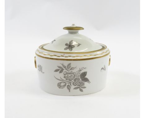 An early 19th century Spode oval sucrier with cover and monochrome floral and fruit decoration